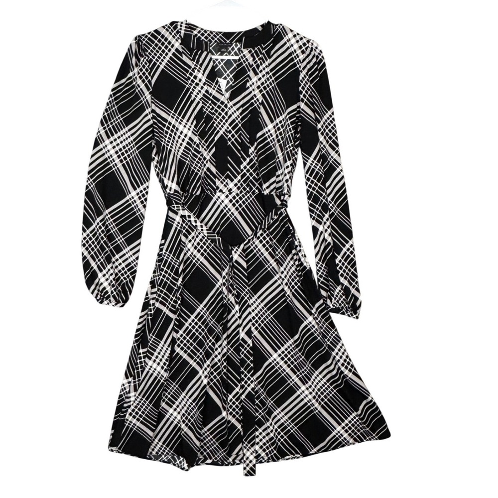 Ann Taylor Faux Wrap Midi V-Neck Long Sleeve Black White Plaid A-line Dress Sz 0